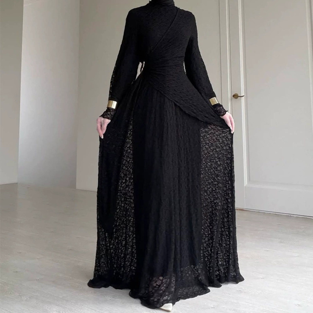 Forever 21 Elegant Black Lace Long-Sleeve Waist Cinching Split Dress